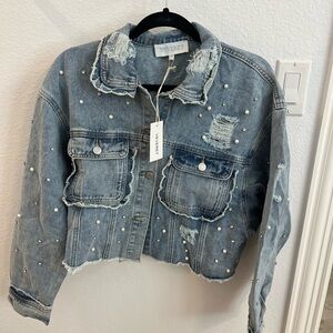 Veveret Distressed Denim Jacket with Pearls and Rhinestones